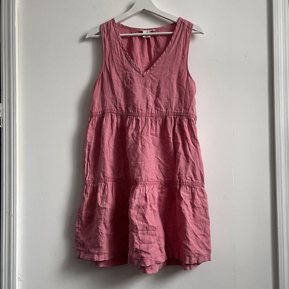 Lucky Brand Small Pink Coral Sleeveless V Neck Linen tiered Sun Dress Boho Prair